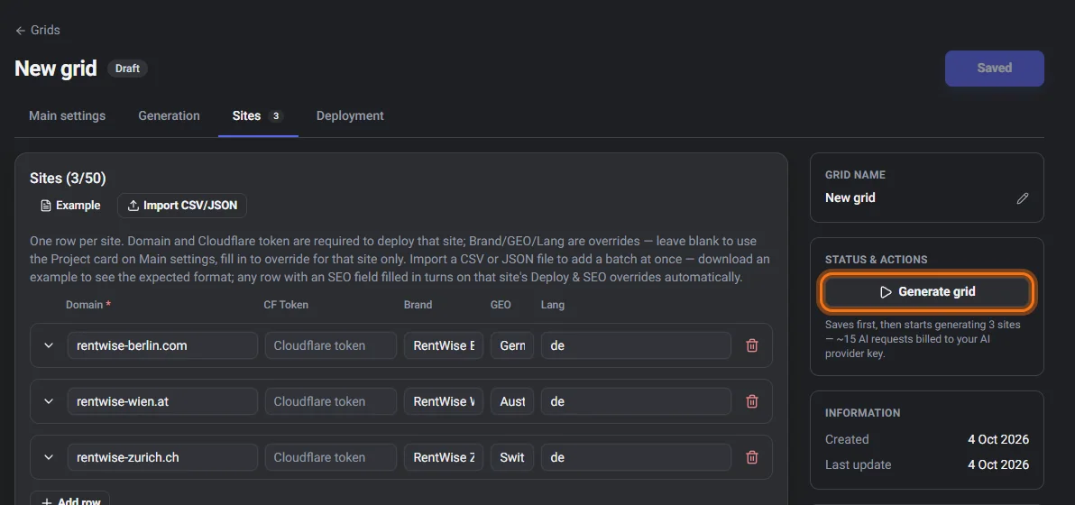 Bulk website generation across